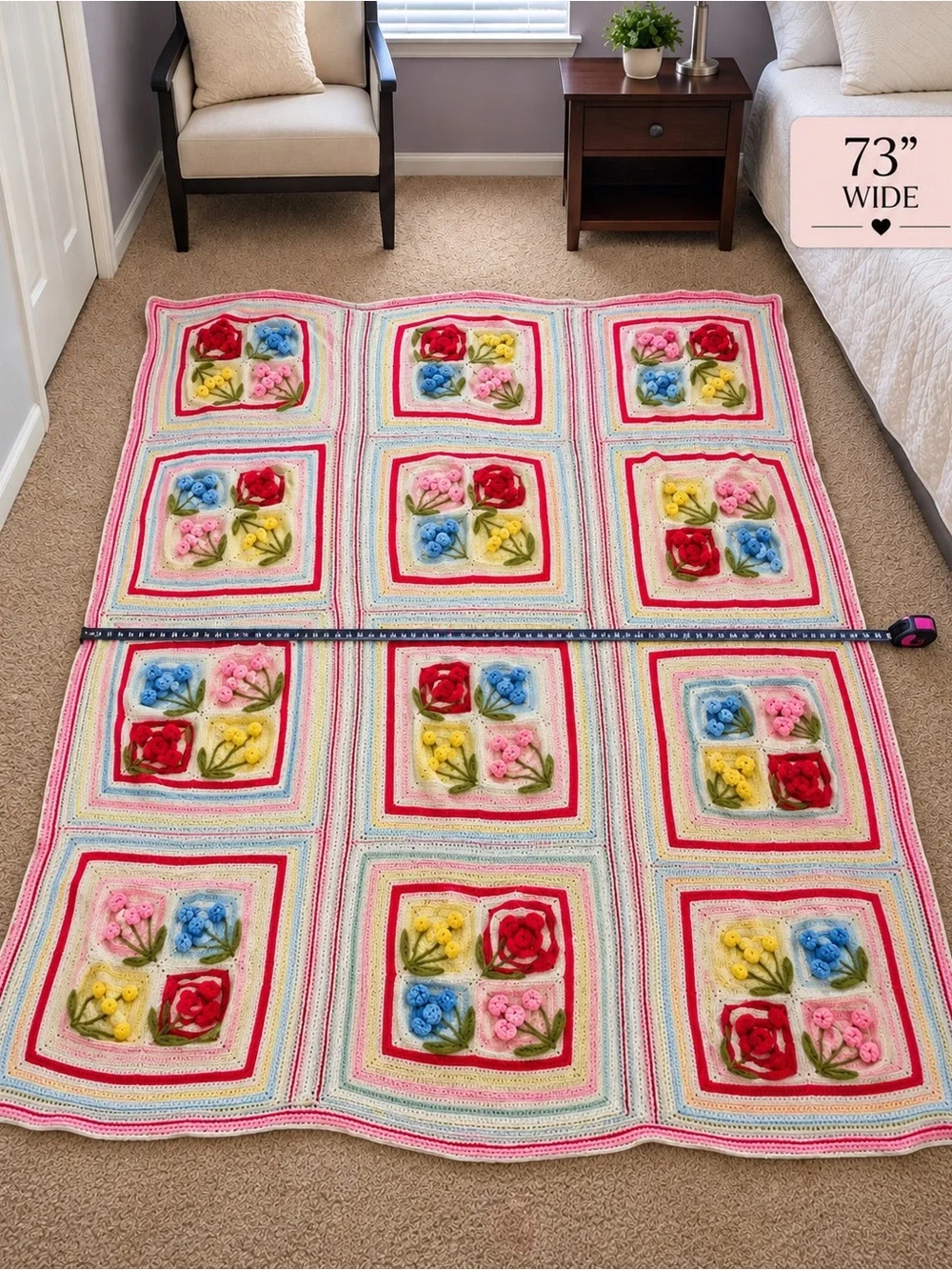 Vintage Handmade Crochet Floral Afghan Blanket 73” x 90” Raised Flowers